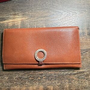 BVLGARI Leather Long Wallet with Silver-Tone Ring Closure - Brown
